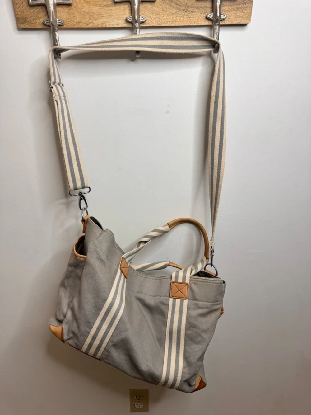 Pottery Barn Kids Gray Canvas Stripe Tote with Tan Leather Trim